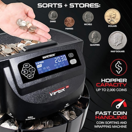 Safetech Viper V395 Coin Counter, Sorter, and Wrapper, with 48 Preformed Wrappers and Dust Cover STTE-1617